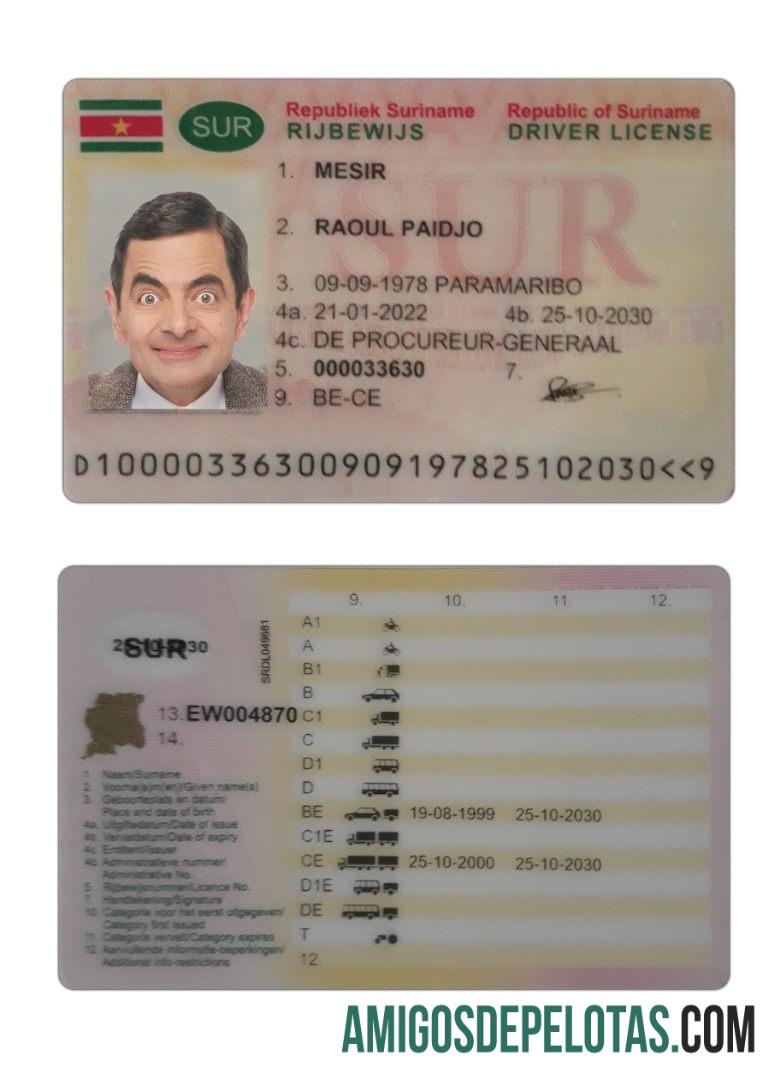 Carteira de motorista do Suriname 2022 presente exemplo real